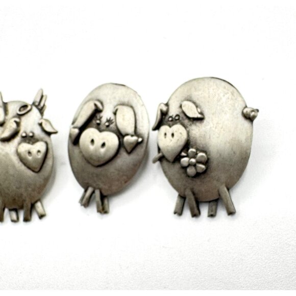 Vintage JJ Jonette Set Of 3 Pewter Pig Jewelry Pins Angel Hearts And Flower - Picture 3 of 4